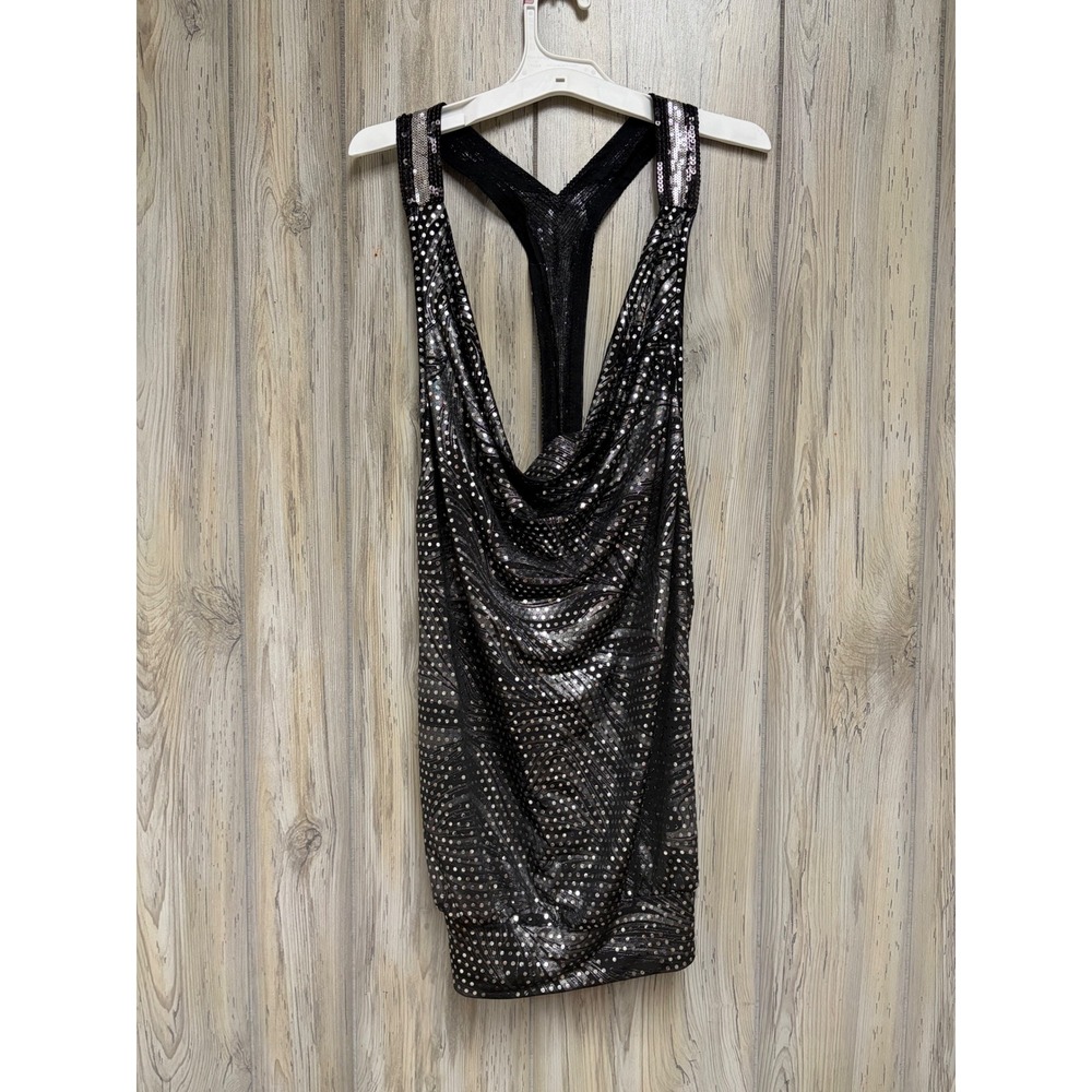 Y2K Wet Seal Silver Black Sequin Cowl Neck Racerback Top Clubwear